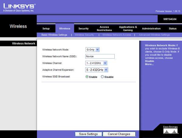 Linksys SSID control page